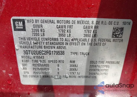 2015 GMC Sierra 1500 Sle z USA, uszkodzony, nr VIN 3GTU2UEC2FG179538